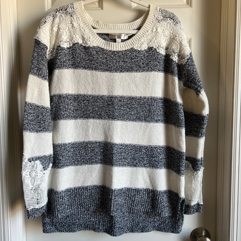 Striped Gray and White Sweater with Lace Accents